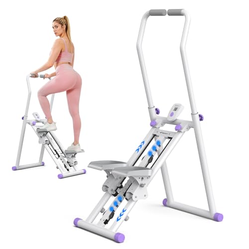 MERACH Stair Stepper 9-Level Resistance Stairmaster, Upgrade High-Efficiency Steppers for Exercise at Home, Compact Folding Cardio Stair Climber with Extended Pedals, White & Purple