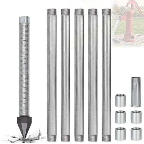 Well Drive Point Kit For Manual Hand Pump 1-1/4 Stainless Steel Drive Point 36 Length 60 Gauze 10FT-16FT Well Drilling Set For Farm And Garden Water Source(5pcs)