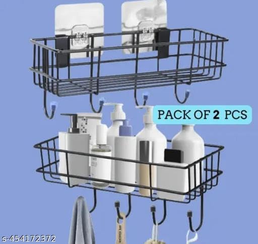 (Pack of 2) Steel Self-Adhesive Multipurpose Bathroom Shelf with Hooks/Towel Holder/Rack/Bathroom Accessories-Wall Mount - Pack of 2 (Black,Powder Coated) 3