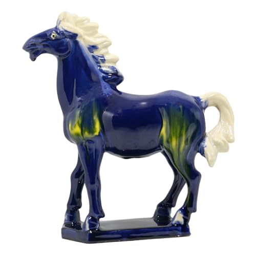 Ceramic Horse Sculpture -9 inch Hand Made Tang Tri-Color China Cultural Art Piece,Museum Collection Inspired Home and Office Decor (Blue)