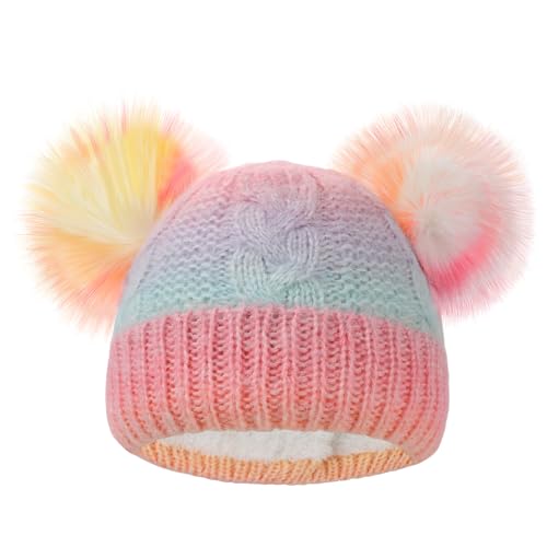 Girls Rainbow Pompom Beanie Hats Winter Knit Fleece Lined Beanies Hat for Kids Outdoor Snow Ski Skull Cap Age 7-12