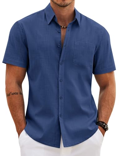 COOFANDY Short Sleeve Button Down Men Untucked Shirts for Resort Vacation Wedding Wear Denim Blue