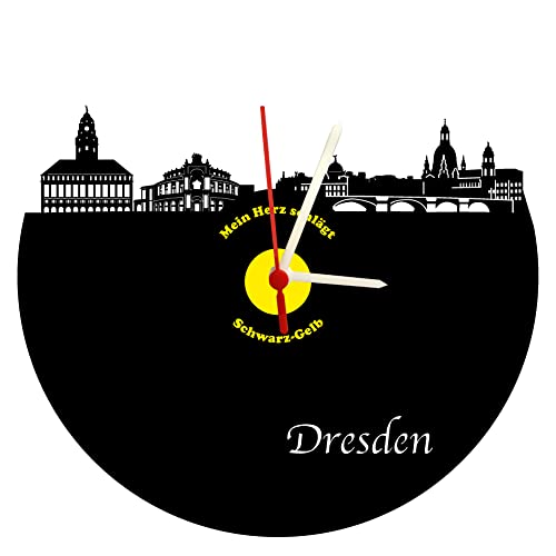 bigcopy e.K. Dresden Skyline - Reloj de pared (cristal acrílico, movimiento silencioso, 3 mm de grosor), color negro y amarillo