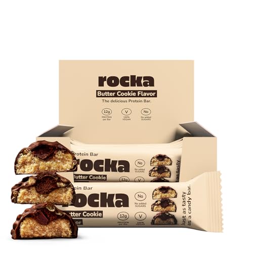 Rocka Nutrition Protein Bar I Veganer Proteinriegel mit 12 g Protein/Riegel I zuckerreduziert I voller Geschmack I 12 x 50g einzeln verpackte No Whey Bars (Butter Cookie)