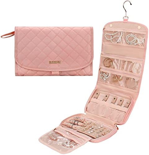 Travel Jewelry Organizer Roll with Zipper Pockets Large Hanging Jewelry Roll Bag Case for Rings, Earrings, Necklaces, Bracelets, Brooches, Waterpoof Bag with Separate Compartments (Large, Pink)