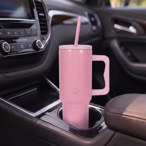 Image of House of Quirk 1200ML Stainless Steel Tumbler with Handle & Lid, 2 Straws - Large Travel Mug Water Cup for Gym, Office & Outdoor Use (Shiny Baby Pink)