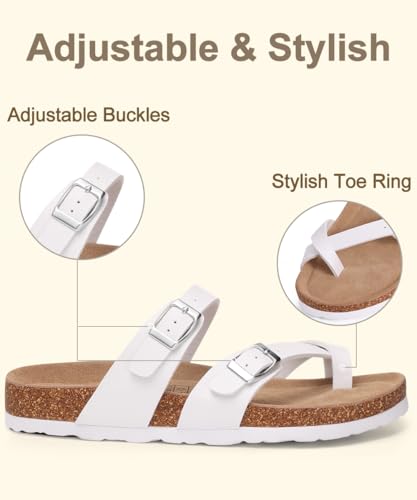 Image of KIDMI Women's Cork Footbed Sandals with Toe Loop, Comfortable Summer Slip-On Slides with Adjustable Buckle