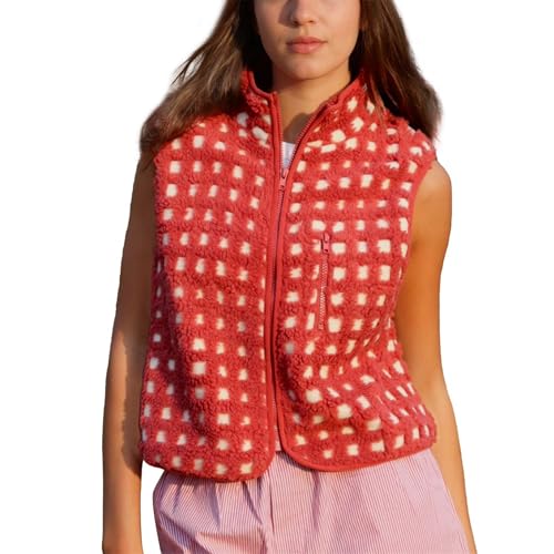 Songling Womens Checkered Sherpa Vest Fleece Winter Sleeveless Coat Zip Front High Neck Plaid Gilet with Chest Pockets(Red S)