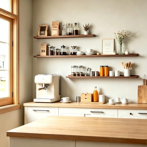 Image of Walnut Floating Shelves for Wall Decor, 52 in Shelf with Lip, 2 Set