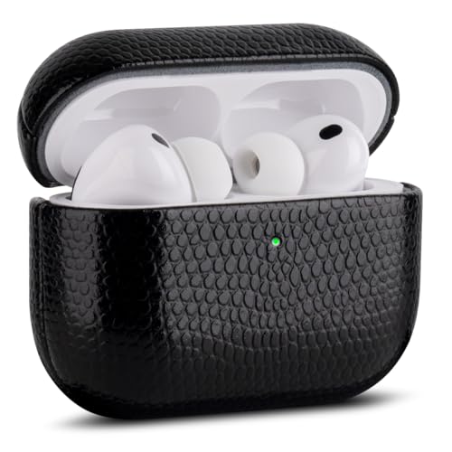 Image of Haobobro Handmade Case - for AirPods Pro 3 Case Cover - Selected Vegan Leather, Lizard Skin Texture, Drop Protective Hard Shell Cover for AirPods Pro 3rd Generation Earbuds - Black