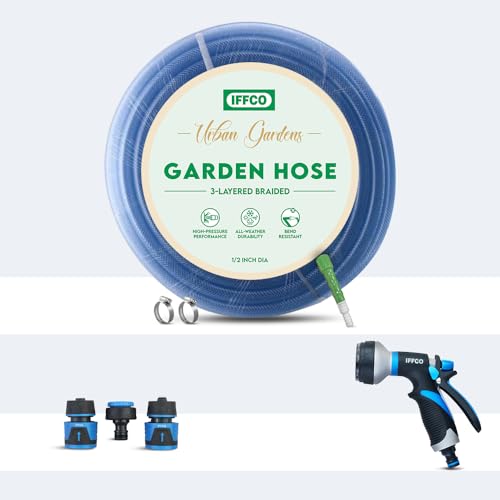 Image of IFFCO URBAN GARDENS - Hose Pipe 30 Meter + 8 Mode Watering Spray Gun & Connectors Combo - 3-Layered Braided, UV Protective Garden Hose with Durable, Rust Resistance Nozzle & Connector Set