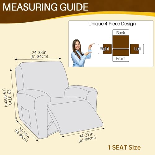 Image of YEMYHOM 4 Pieces Stretch Recliner Slipcover Jacquard Recliner Chair Cover with Side Pocket Anti-Slip Fitted Recliner Cover Couch Furniture Protector with Elastic Bottom (Recliner, Light Coffee)