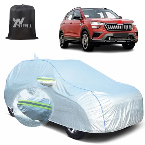 Image of Car Body Cover for Skoda Kushaq, 100% Waterproof, Heat-Resistant with Mirror & Antenna Pockets, Soft Cotton Lining, Triple Stitched, Piping & Reflector (Reflective Silver)