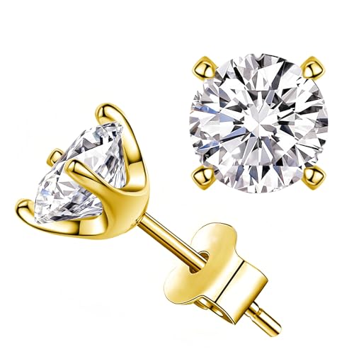 Moissanite Stud Earrings for Women, 0.5-2ct Lab Created Diamond Stud Earring,18K Gold/White Gold Plated S925 Sterling Silver Earrings, D Color VVS1 Round Brilliant Earrings Jewelry Gift