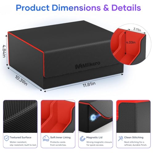 Image of Mlikero Card Deck Case for Trading Cards 1800+, Trading Card Storage Box Fits Toploader and Magnetic Card Holder, Leather Magnetic Closure Deck Box Fit for MTG, TCG (Red)