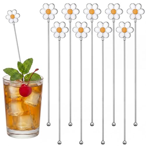 LemonRoad 10 Pcs Coffee Stirrers Daisy Stainless Steel Reusable 7.8 Inches Stir Sticks Cocktail Coffee Drink Swizzle Sticks Spoon Beverage Cocktail Stirrers Stir Stirring Bar Set