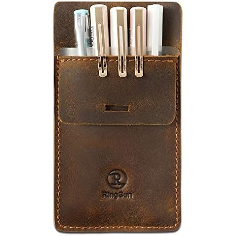 Ringsun Pocket Protector for Men, Full Grain Leather Pen Protect Holder for Heavy Duty Shirts, Lab Coats, Holds Pens, Pointers, Cards, Hold 6 Pens, Pocket Protectors for Pens and Pencils Cover
