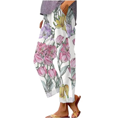 LCMTWX Women's Summer Casual Linen Pants and Linen Casual Pants Casual Loose Drawstring Beach Pants for Women White Pants