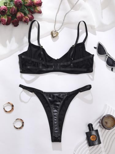 Image of Sexy Floral Embroidered Flower Mesh Underwire Push Up Lingerie Set