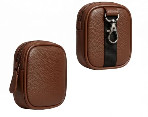 Image of AJM PU Leather Universal Zipper Pouch with Metal Hook | Earbuds, Coins, Keys, USB Cable & Charger Storage Case | Compact Travel Organizer Keychain Pouch (Light Brown)