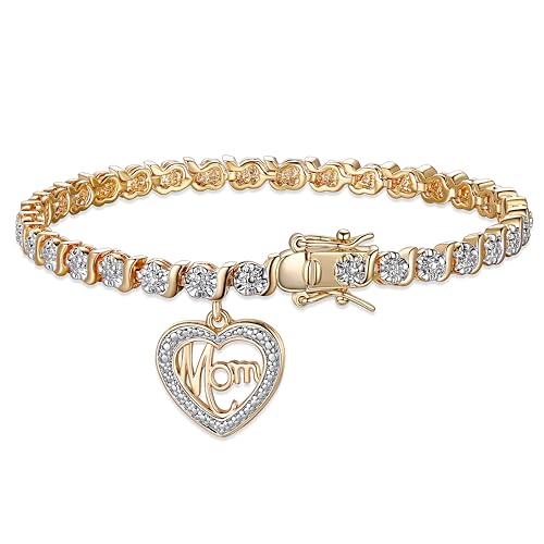 MORGAN & PAIGE Bronze 18K Yellow Gold Plated Diamond Accent Mom Tennis Bracelets for Women Trendy - Charm Womens Bracelets with Diamond Accent S-Link Chain 7.25 inch