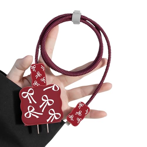CameCosy Wave Cable Protector for iPhone 18W/20W Adapter, Cute White Bow Tie Design Soft TPU Data Cable Saver Phone Charging Protector for Apple Charger-Red
