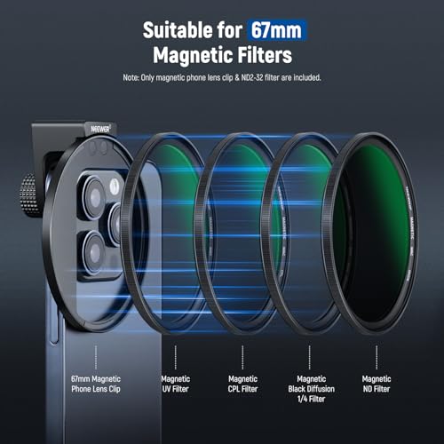 Image of NEEWER 67mm Clip On Variable ND2-ND32 Phone Lens Filter Kit, Phone Clip with Magnetic Adapter Ring /Cold Shoe /Locking Knob, HD Magnetic ND Filter for iPhone 15 Pro Max 14 13 Galaxy S22 S23 S24 Ultra