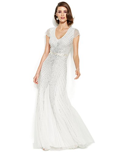 Adrianna Papell Women's Long Beaded V-Neck Dress with Cap Sleeves and Waistband (Ivory1, 8P)