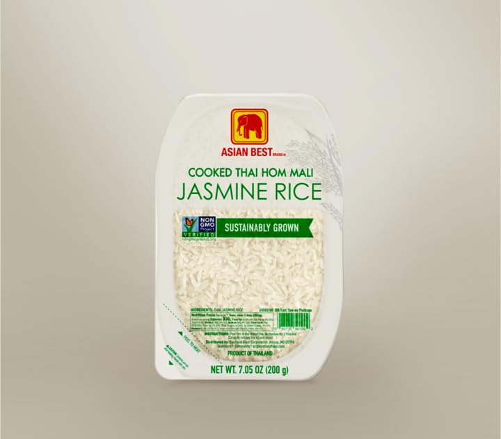 Asian Best Ready to Eat Cooked Thai Hom Mali Jasmine Rice, 12 Packs x 200g