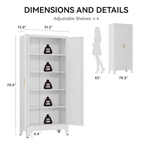 Image of COFaR 71 inch Metal Pantry Cabinet with 5 Adjustable Shelves, White Storage Cabinet with Doors, Sturdy Freestanding Cupboard for Kitchen Organization, Living Room & Bathroom