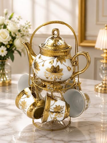 Image of 13 Pcs Premium Floral Ceramic Tea Set with Stand | 1 Teapot with Lid, 6 Cups & 6 Saucers | Vintage Gold Finish Porcelain Tea Set for Home, Party & Gifting Tea Cup Saucer Set with Teapot