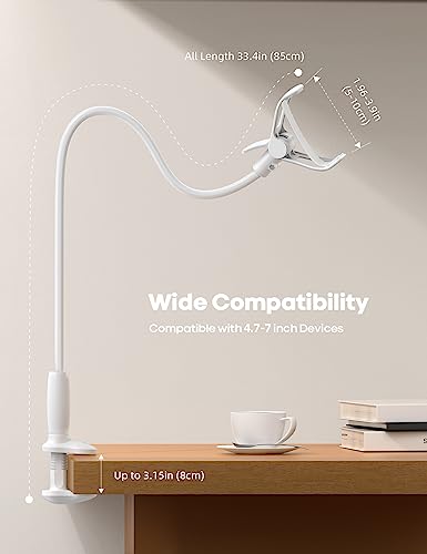 Image of Lamicall Gooseneck Phone Holder for Bed, Stable Flexible Arm Stand for Desk | Upgraded Al-Mg Alloy Core, Secure Clamp Base, 33.4 inch Long Arm, Hands-Free Viewing, Bedside & Desk Use, Fits 4-7 inch Phones, White