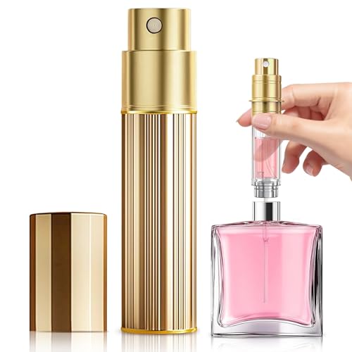 Perfume Atomiser, 5ml Perfume Travel Bottle, Refillable Perfume Bottle Mini Atomiser Spray Bottle Perfume Dispenser Perfume Refill Bottle fits Purse Handbag Pocket Luggage for Women and Men (Gold)