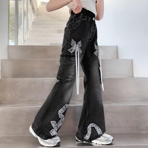 Y2K Flared Cargo Jeans for Girls High Waist Stretch Straight Slim Bow Bell Bottom Fall Lace Streetwear Denim Pants3