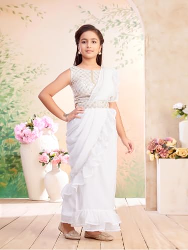 Image of Aarika Girls Ethnic Wear Cream Colour Sequin Embroidery Georgette Lehenga Saree With Attachable Dupatta