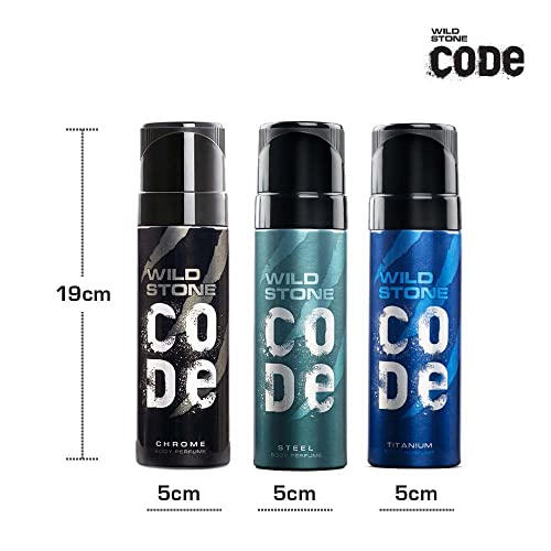 Image of WILD STONE CODE Chrome, Steel And Titanium Body Perfume Spray For Men, Pack Of 3 (150Ml Each)