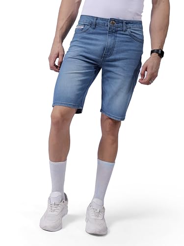 Image of The Indian Garage Co Men Slim Fit Solid Mid-Rise Denim Shorts
