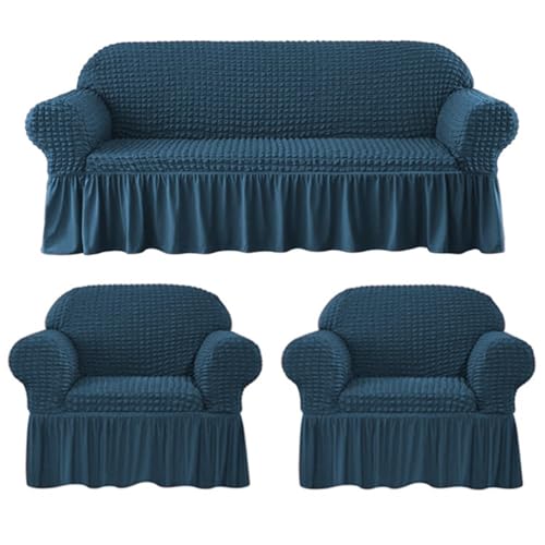 Image of Lukzer 320 GSM Stretchable 5 Seater Turkish Sofa Cover Universal Couch Protector Bubble Fabric with Frill Universal Big Elasticity Slipcover (Teal Blue /SC-103-05)