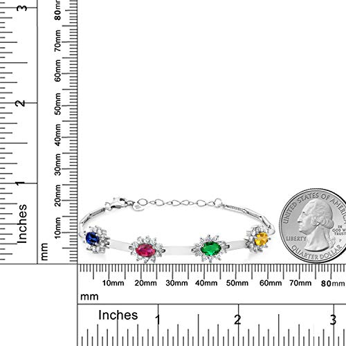 Gem Stone King Customized and Personalized Engraved 4 Gemstone Birthstone and White Created Sapphire Tennis Bracelet For Women | 925 Sterling Silver | 7 Inch + 1 Inch Extender3