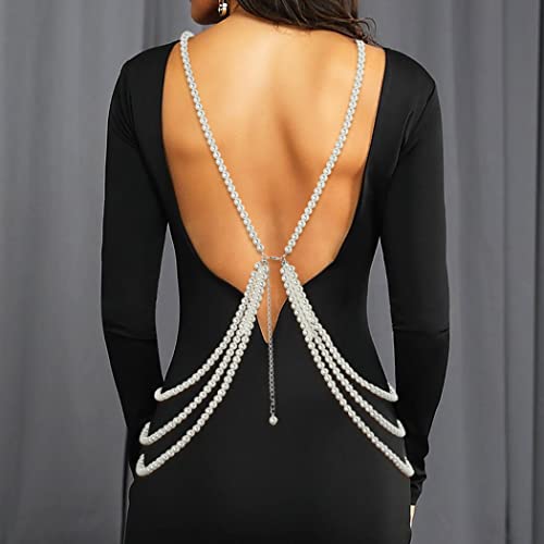 ELABEST Pearl Body Chain White Layered Pearls Crystal Cross Body Jewelry for Women4