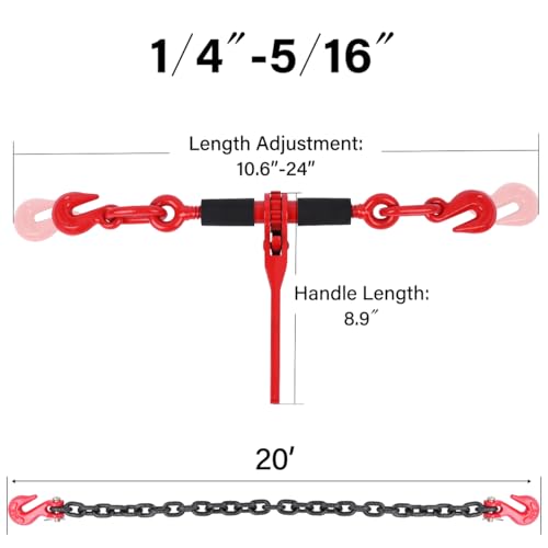 Image of 1 /4''- 5 /16'' Chain Binders Kit, Ratchet Load Binder 1 /4 to 5 /16 Equipped with G80 Transport Binder Chain 1 /4 Inch x 20 Feet, G80 Chain Hook, 2,200lbs Working Load for Tie Down, Towing