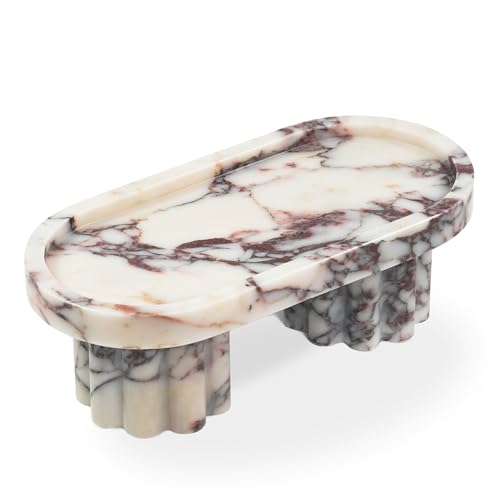 LWALMS Marble Perfume Tray with Legs - Oval Decorative Stone Pedestal for Bathroom Vanity Coffee Table Kitchen Countertop Footed Jewelry Candle Organizers Catchall Plate Riser with Scalloped Feet