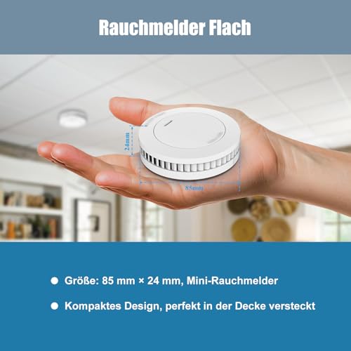 Rauchmelder 10 Jahre Batterie mit Magnethalter Ohne Bohren, Tüvrheinland zertifizierter Feuermelder ohne LED blinkende, 4 Stücke Flach Rauchwarnmelder, Brandmelder, Stummschaltfunktion, EN14604