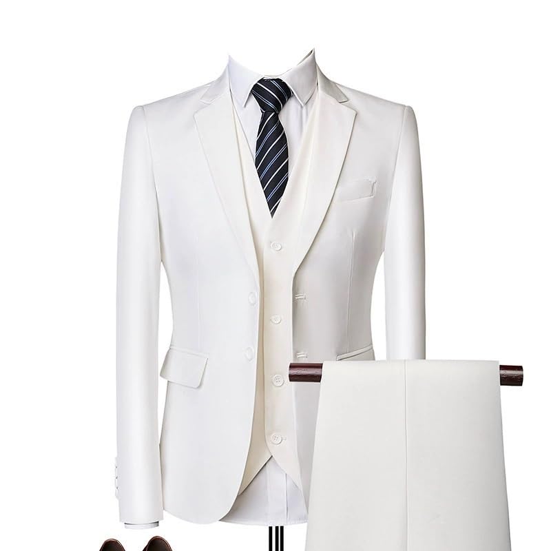 Men’s 3 Piece Slim Fit Formal Suit Set with Pants Vest Business Tuxedo for Prom Wedding Dinner Graduation(White,X-Large)