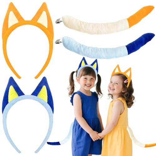 4Pcs Dog Ears and Tails Set Plush Blue Dog Headband Tail Costume Accessory for Kids Adults Family Halloween Party Supplies Animal Themed Cosplay