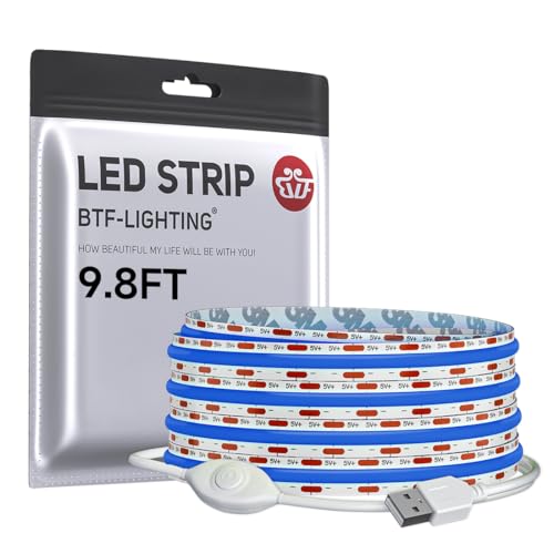 Image of BTF-LIGHTING FCOB COB LED Strip Lights 5V USB Powered Blue Color for TV | 9.8FT 960LEDs CRI90+ Dimmable Super Bright LED Light with 3M Tape for TV Backlight PC 3D Printer Cabinet Home DIY Lighting
