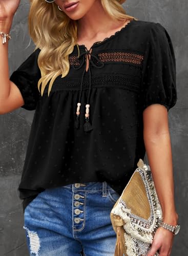 BETTE BOUTIK Women Boho Tops Short Sleeve Summer Flowy Shirts Lace Casual Loose Trendy Blouses3