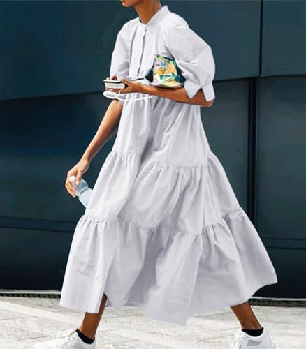 Image of chouyatou Women's Summer Puff Sleeve Maxi Tiered Babydoll Dress Casual A-Line Swing Long Shirt Dress