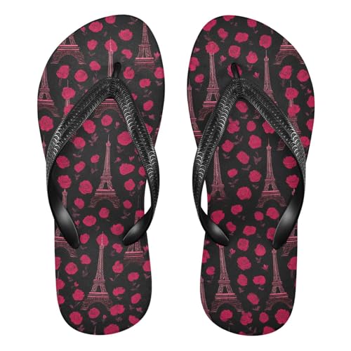 ALAZA Red Eiffel Tower Rose Flip Flops for Women Fashion Beach Slippers Comfort Mens Flip Flops Non-Slip Rubber Shower Slippers Sandal for Hotel Travel Sport,XS