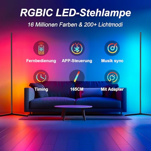 Lampada da Terra LED 165cm Con Adattatore RGB Piantana Lampada Dimmerabile con Telecomando e APP, 16 Milioni Colori, Musica Sincronizzazione e Timer e DIY Modalità (165cm | con Adattatore) - Illuminazione - Immagine 1